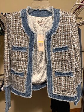 Nanette Lepore Beige Tweed Jacket with Blue Denim Trim